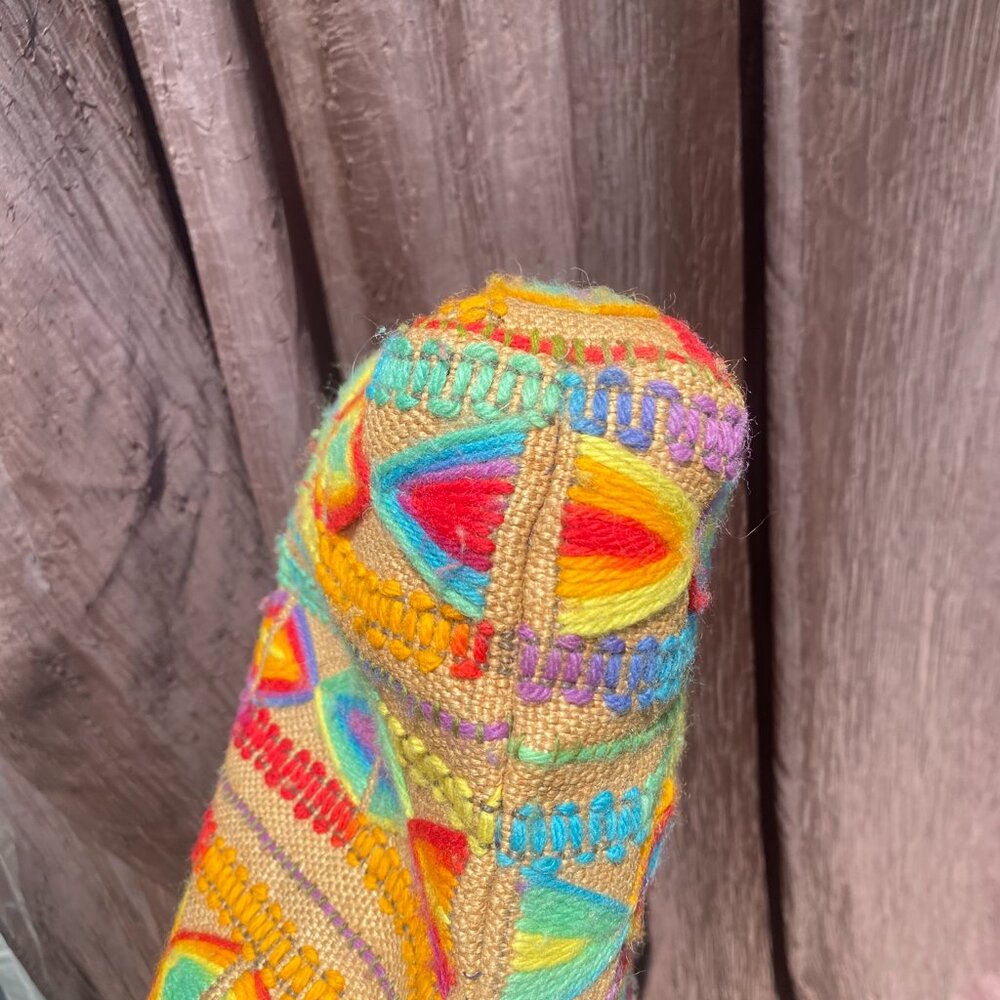 Vintage Handcrafted Burlap Tote Bag | Yarn Embroidered Rainbow - Picture 4 of 10